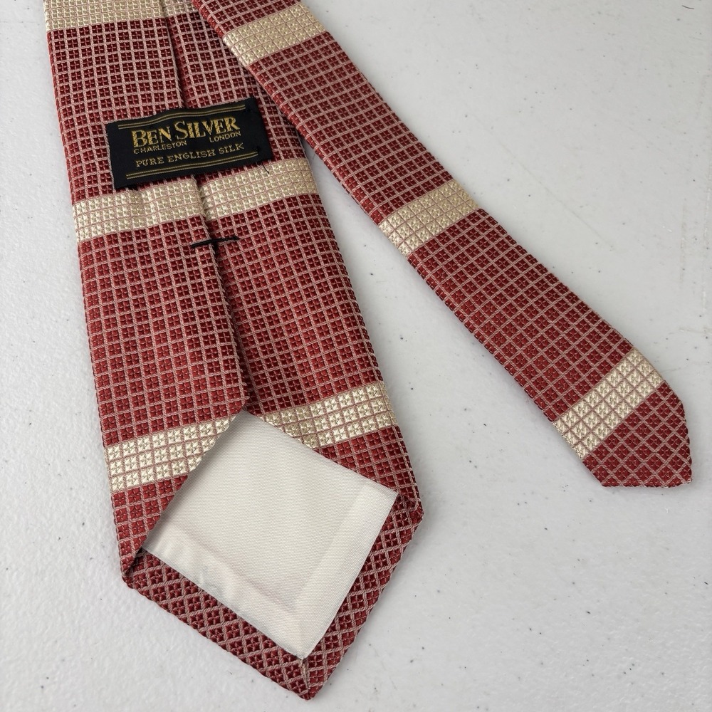 Ben Silver Charleston English Silk Tie‎ Necktie Burgundy Beige Stripe Geometric